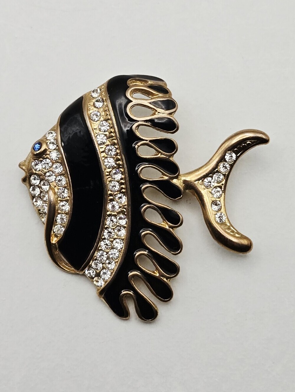 Vintage Gold Tone Black Enamel Angel Fish Brooch with Crystal Accents - Picture 16 of 16